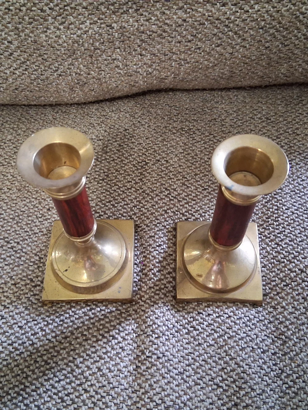 Vintage Pair Brass & Wood Taper Candlestick Holders